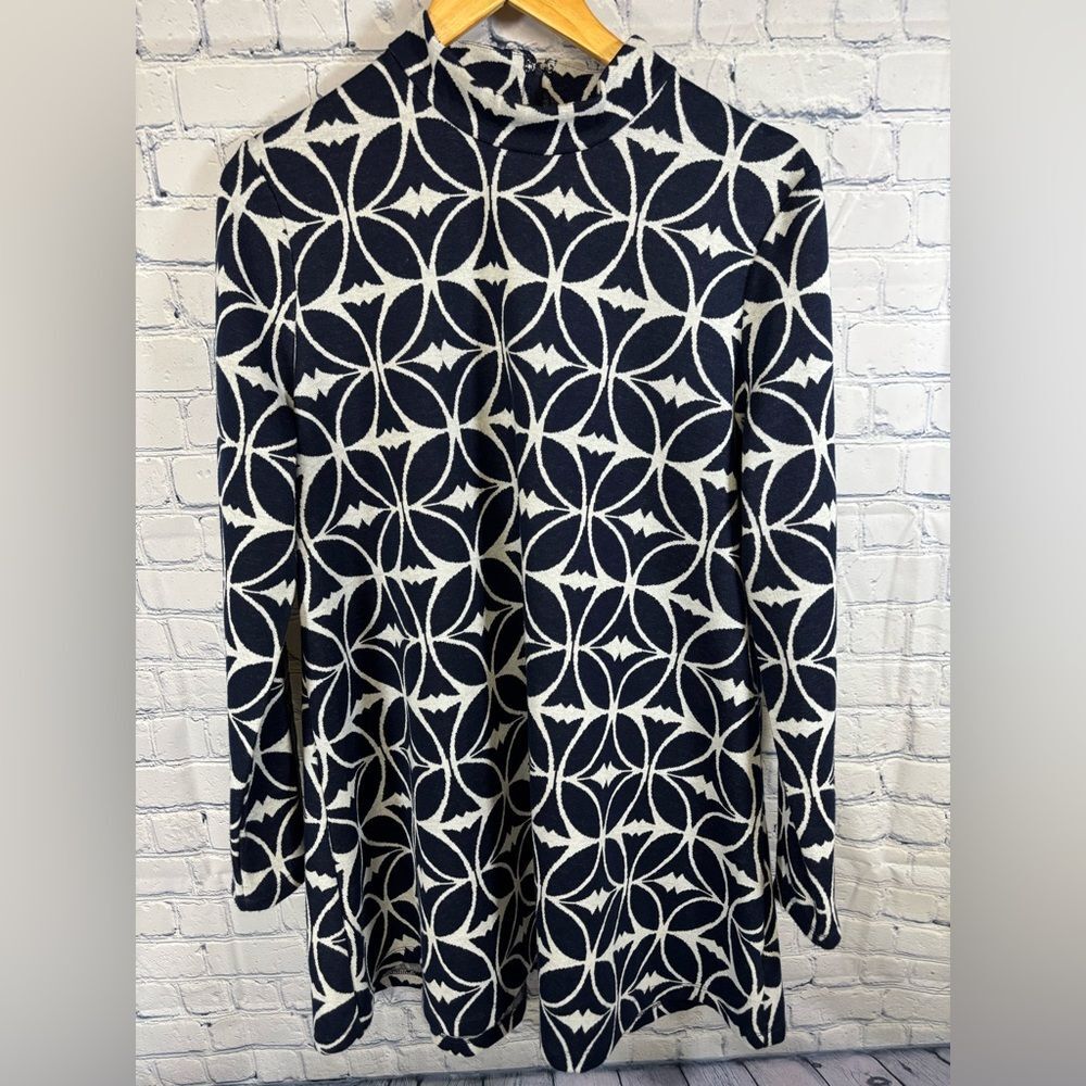 Tyler Boe Navy White Geo Print Quilted Patent Sleeve Patch Nautical Dress L